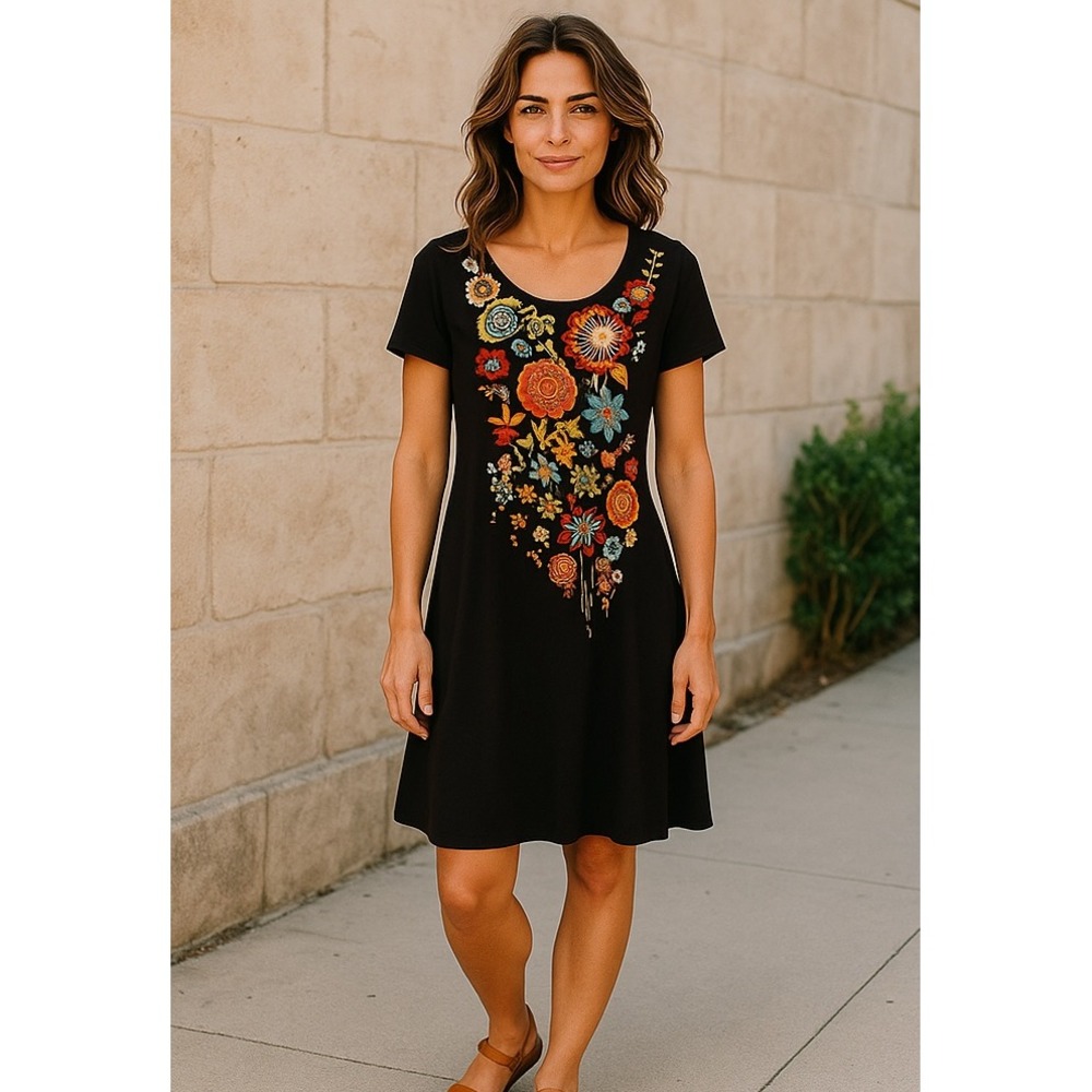 JW Los Angeles Womens Dress Black Size S Short Sleeve Embroidered Floral Raw Hem